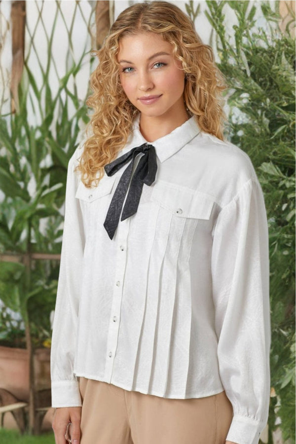 Mystree Tie Neck Pleated Button Down Textured Blouse