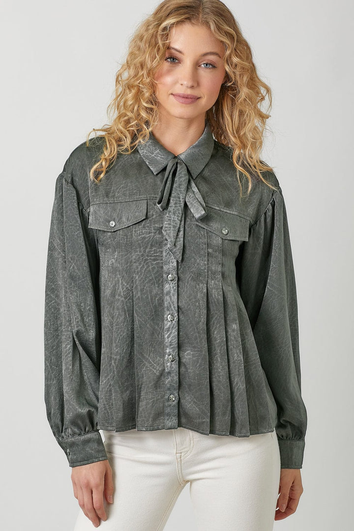 Mystree Tie Neck Pleated Button Down Textured Blouse