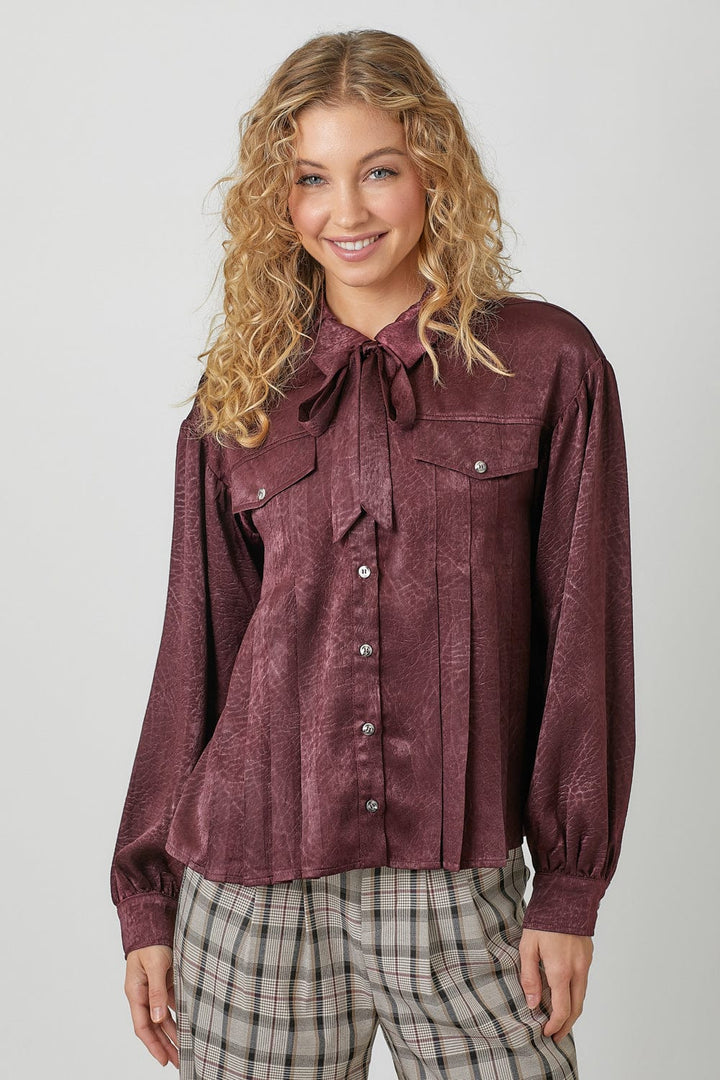 Mystree Tie Neck Pleated Button Down Textured Blouse