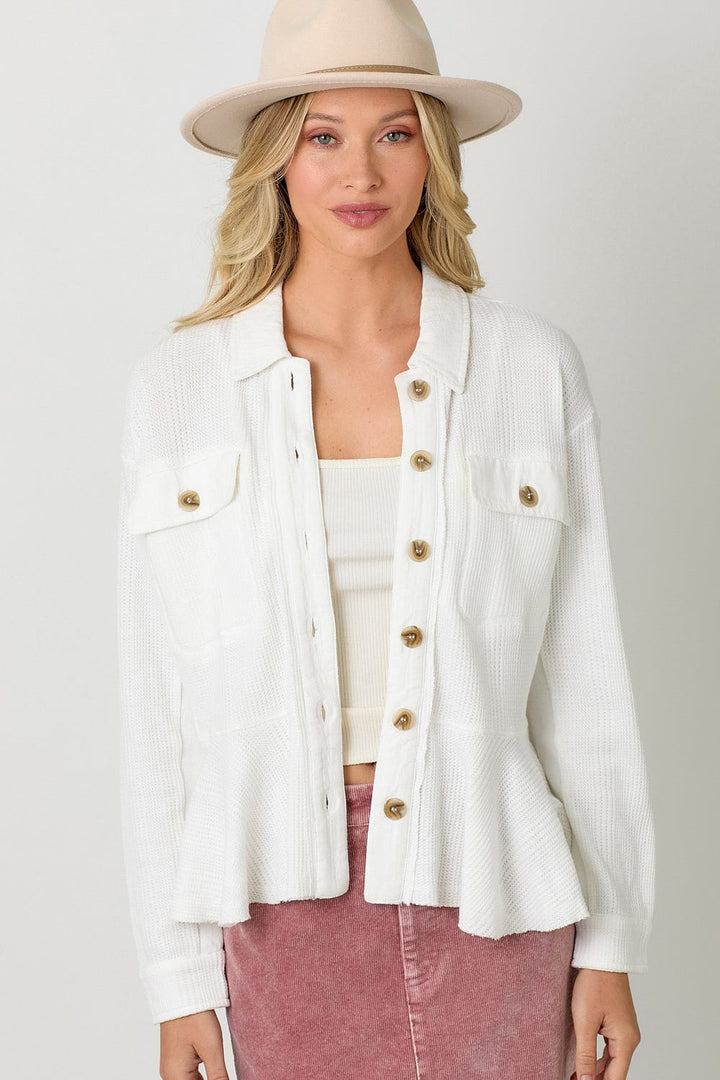 Mystree Washed Waffle Knit Button Down Ruffle Jacket