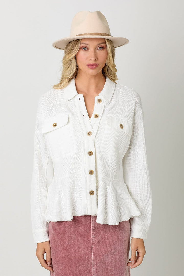 Mystree Washed Waffle Knit Button Down Ruffle Jacket