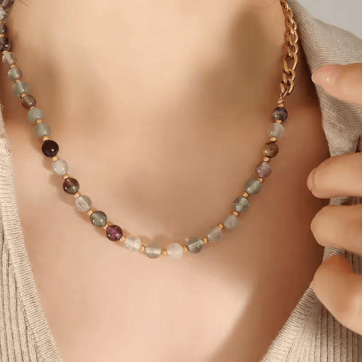 Natural Stone Bead & Gold Chain Necklace