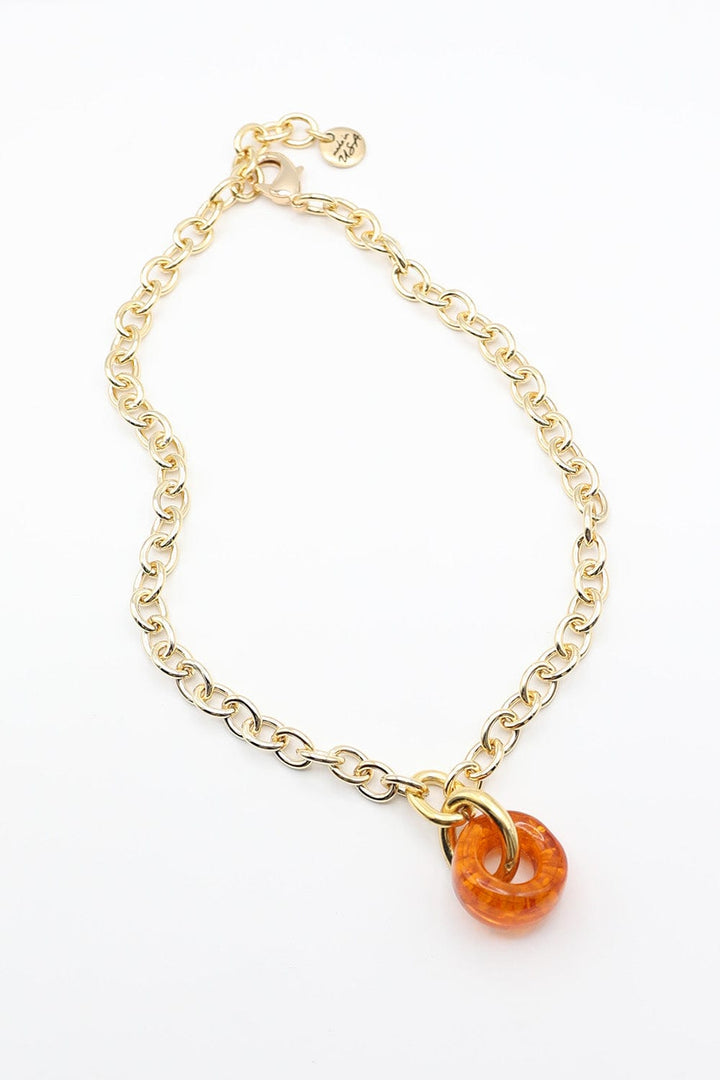 Necklace with Chunky Orange Resin Bead on Gold Chain