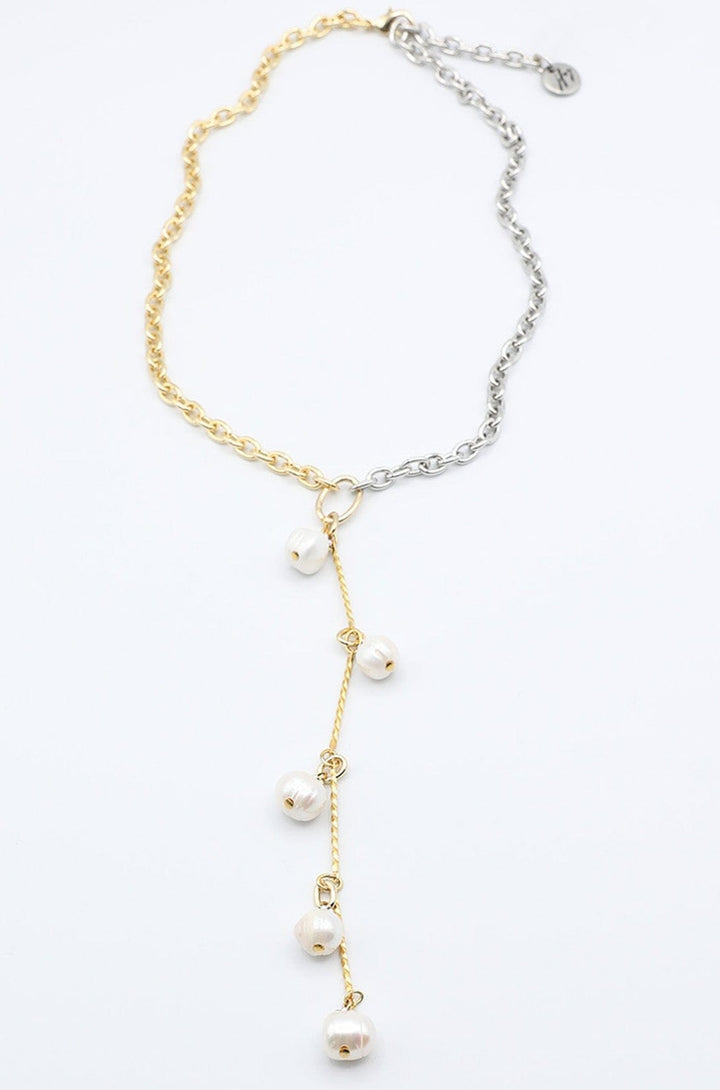 Necklace with Drop Featuring Five Freshwater Pearls