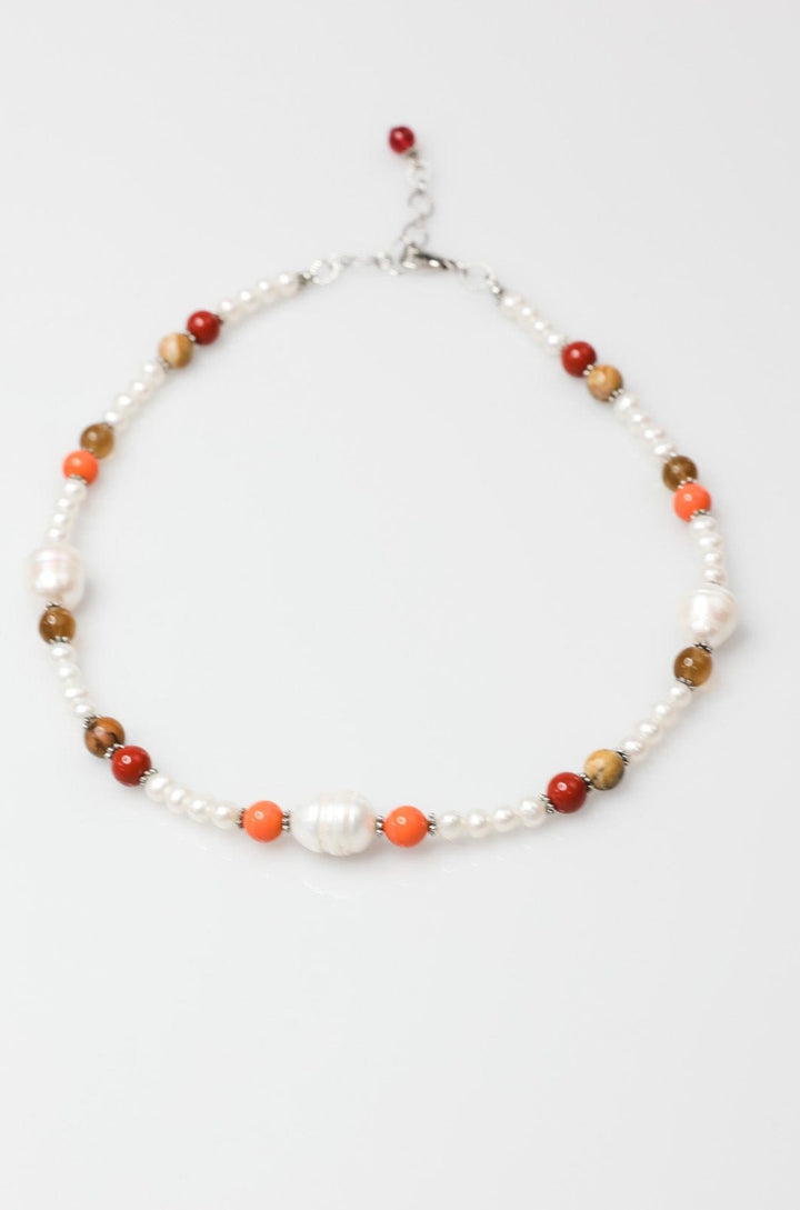 Necklace with Freshwater Pearls and Colorful Red and Orange Beads