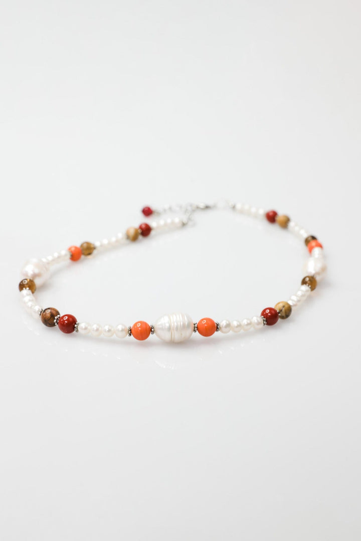 Necklace with Freshwater Pearls and Colorful Red and Orange Beads