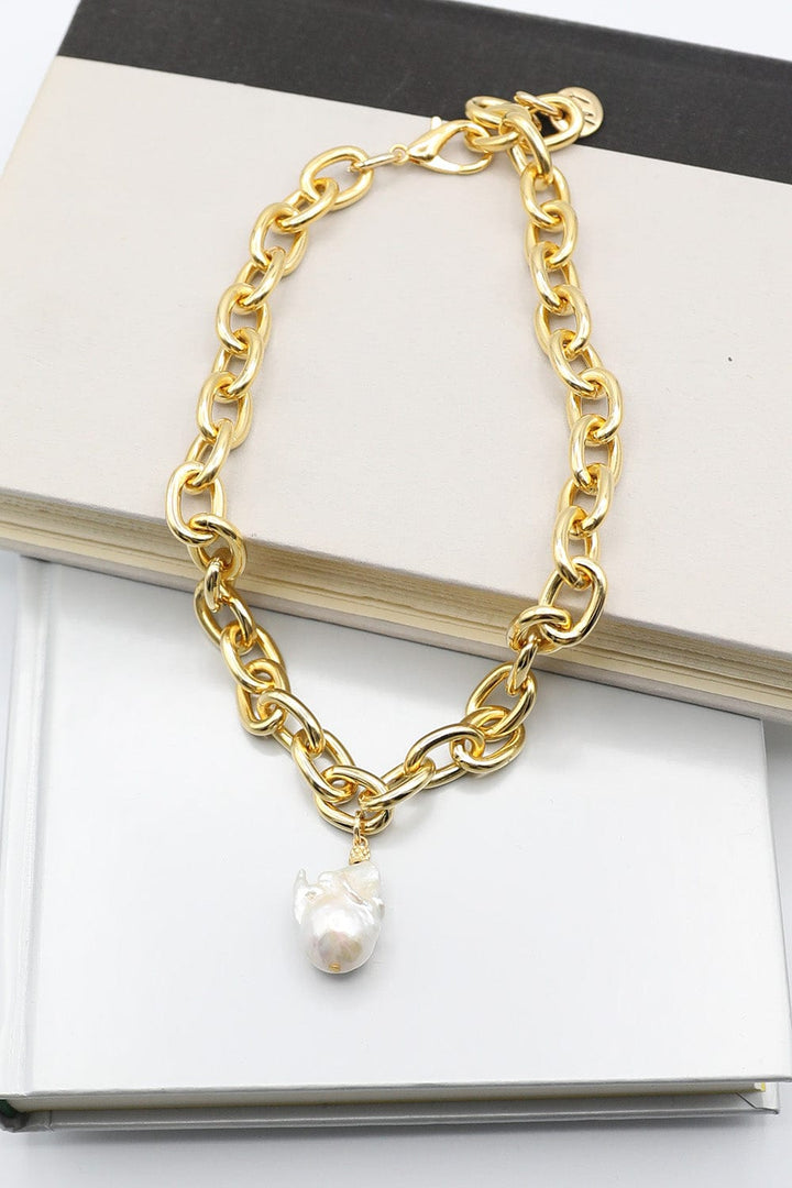 Necklace with Gold Chain and Large Baroque Pearl