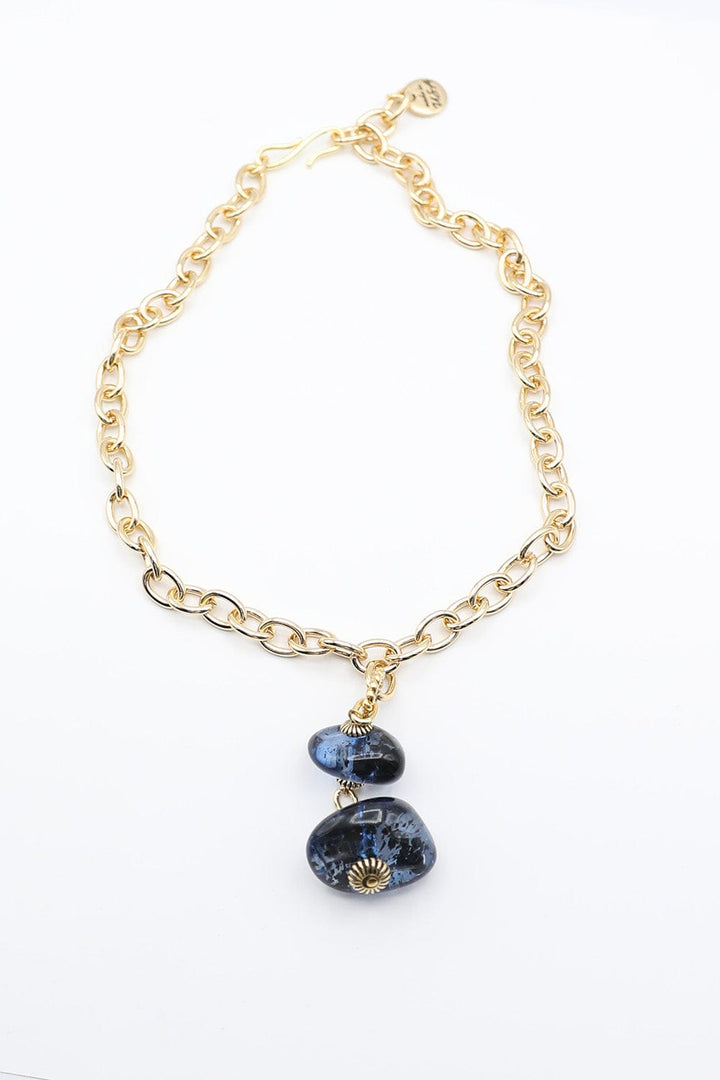 Necklace with Two Ocean Blue Resin Beads on Gold Chain