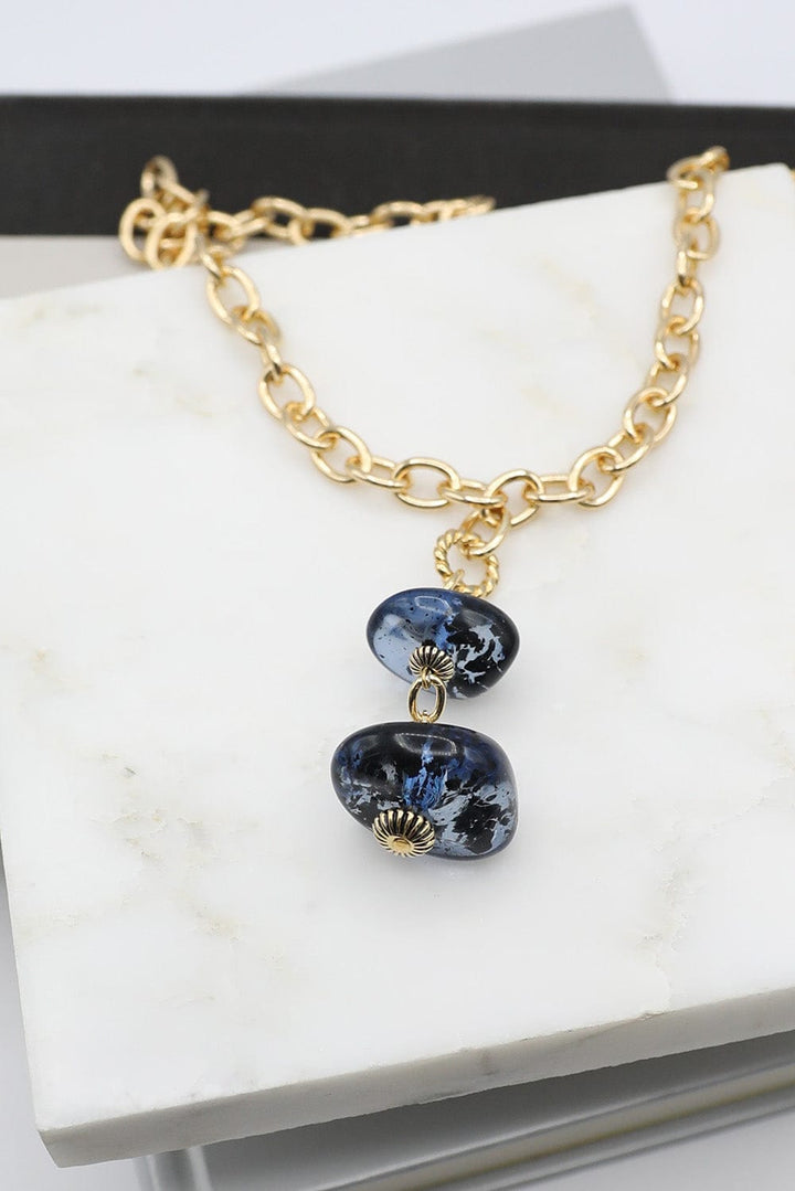 Necklace with Two Ocean Blue Resin Beads on Gold Chain