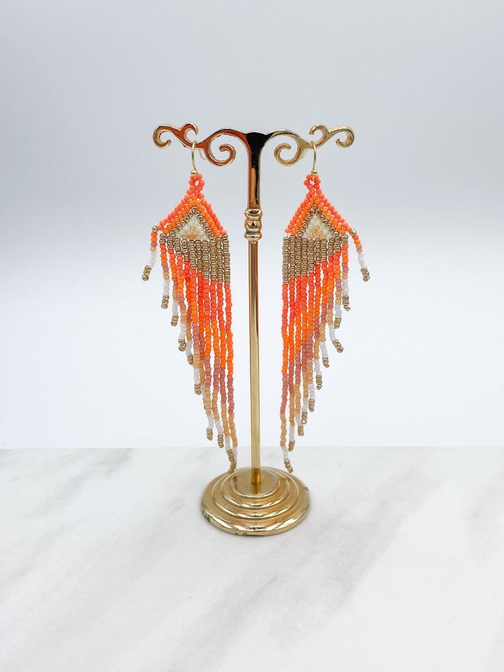 Orange and White Beaded Long Earrings