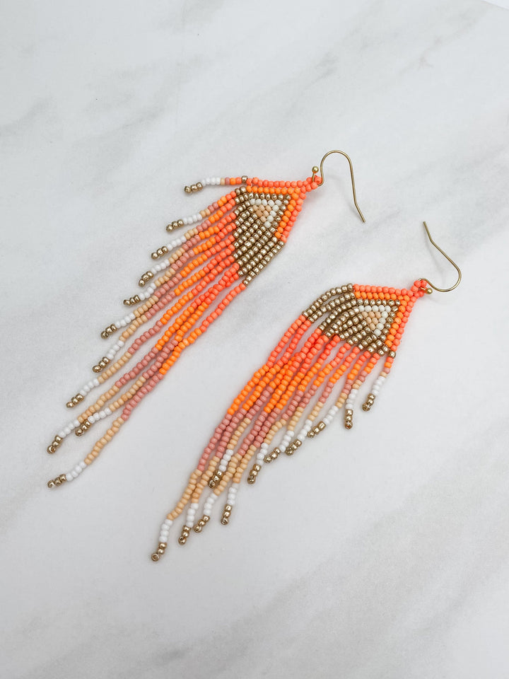 Orange and White Beaded Long Earrings