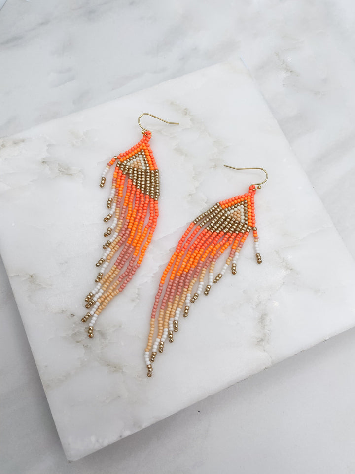 Orange and White Beaded Long Earrings