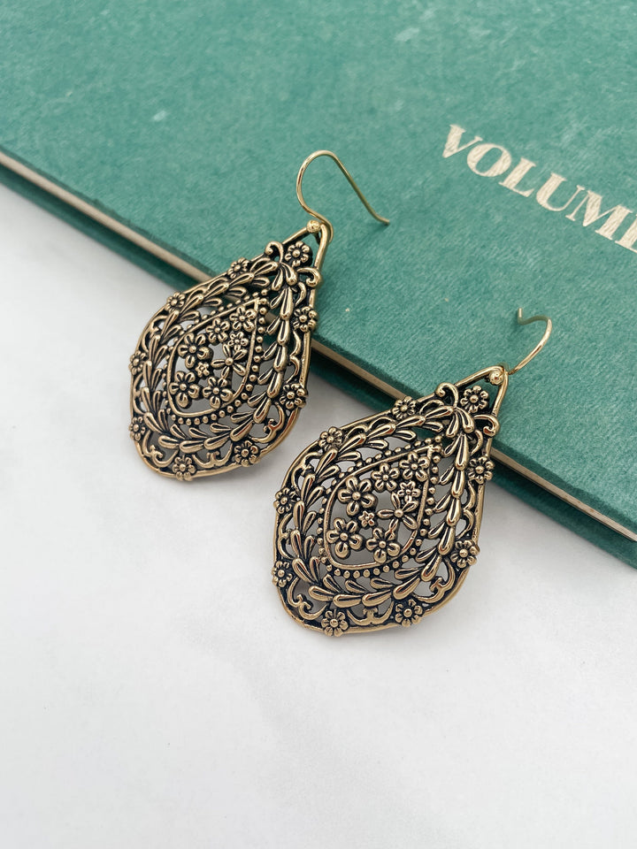 Ornate Gold Floral Dangle Earrings