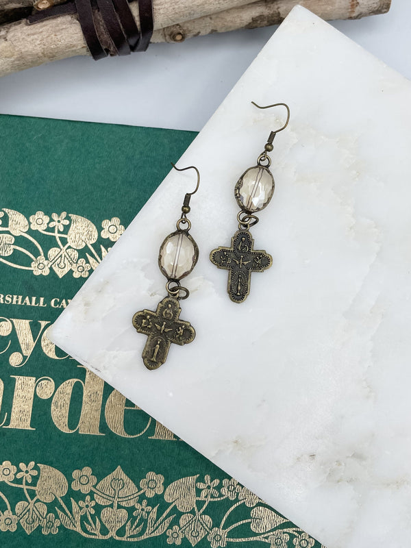 Oval Crystal and Cross Earrings