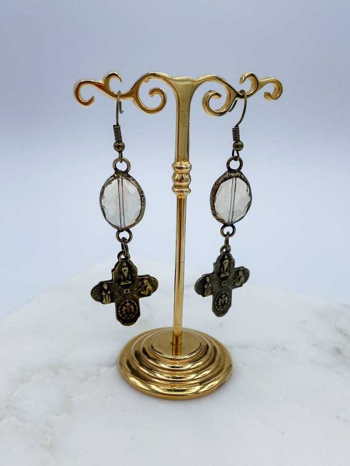 Oval Crystal and Cross Earrings