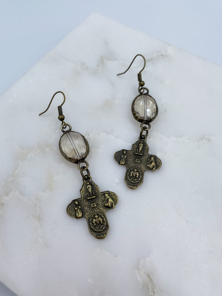 Oval Crystal and Cross Earrings