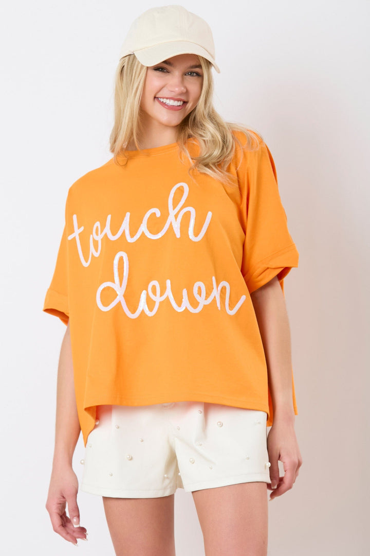 Peach Love Cotton Jersey "Touch Down" Sequin Cursive Letter Embroidery Oversized Top