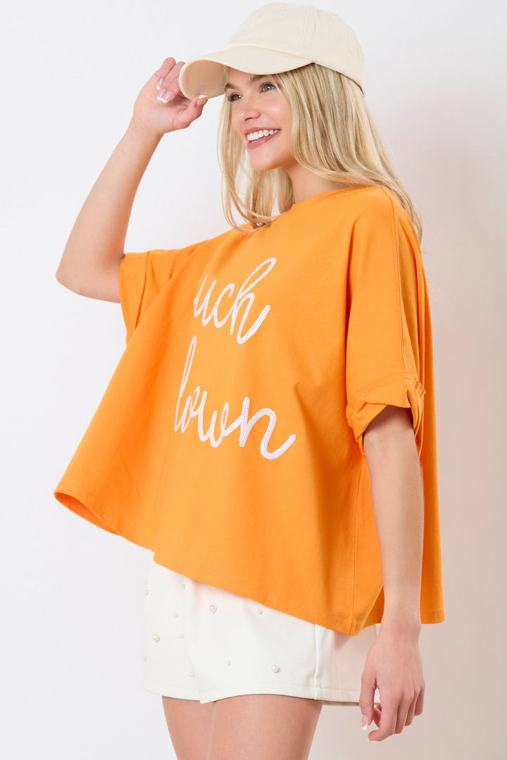 Peach Love Cotton Jersey "Touch Down" Sequin Cursive Letter Embroidery Oversized Top