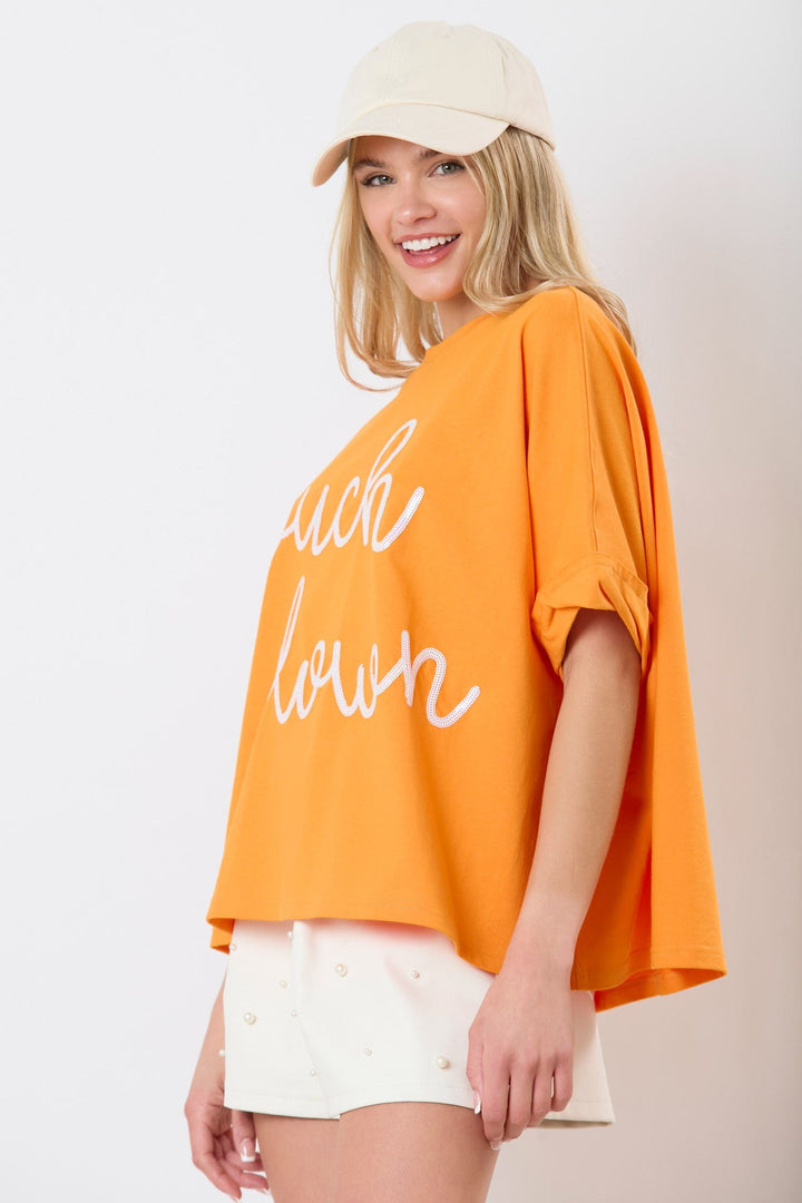 Peach Love Cotton Jersey "Touch Down" Sequin Cursive Letter Embroidery Oversized Top