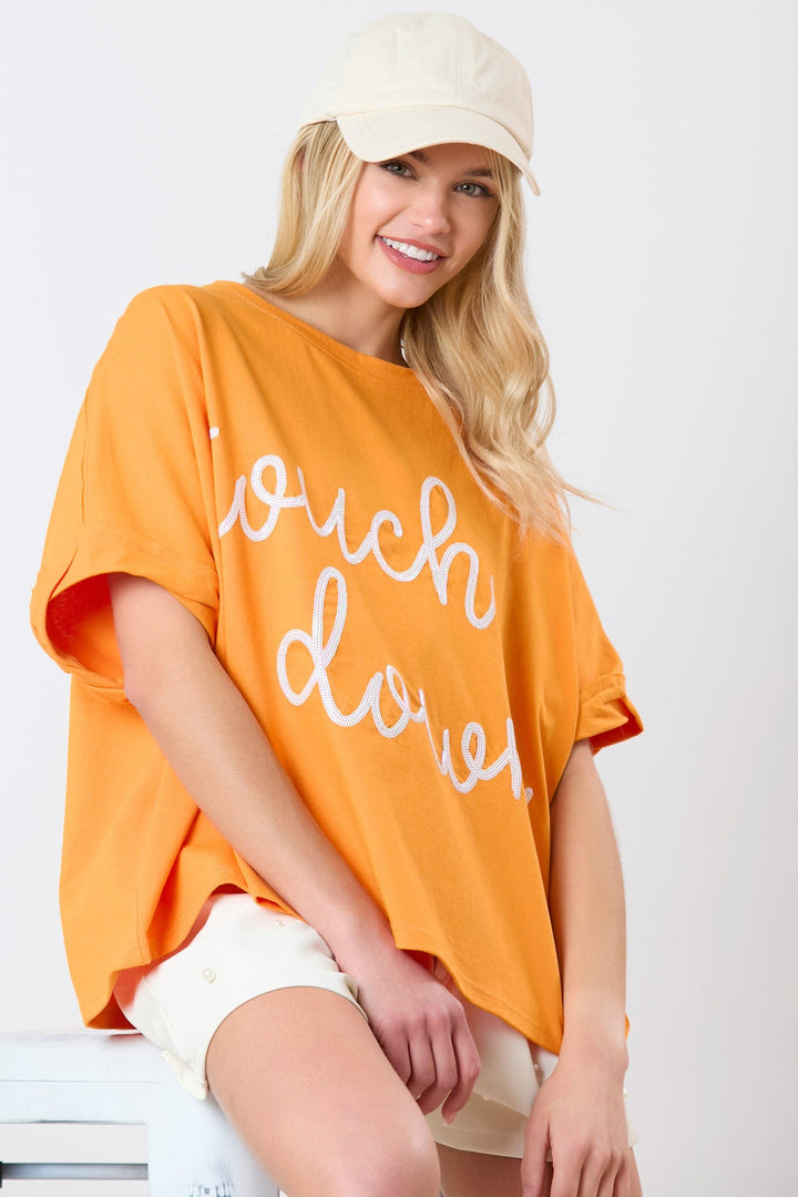 Peach Love Cotton Jersey "Touch Down" Sequin Cursive Letter Embroidery Oversized Top