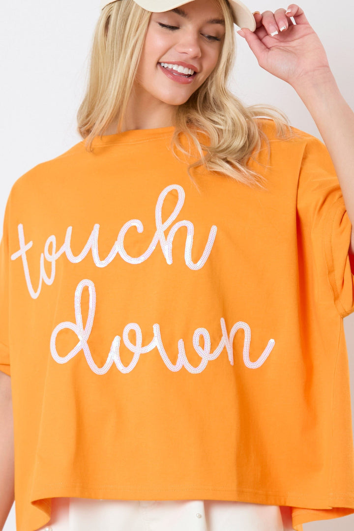 Peach Love Cotton Jersey "Touch Down" Sequin Cursive Letter Embroidery Oversized Top