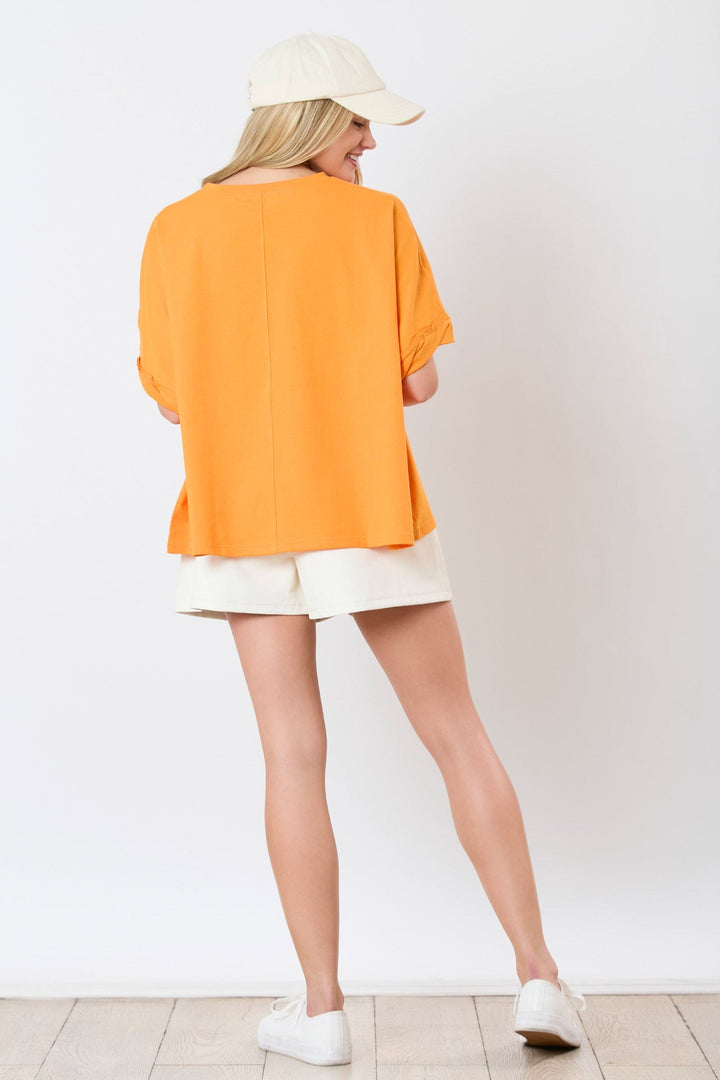 Peach Love Cotton Jersey "Touch Down" Sequin Cursive Letter Embroidery Oversized Top