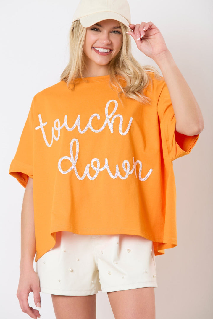 Peach Love Cotton Jersey "Touch Down" Sequin Cursive Letter Embroidery Oversized Top