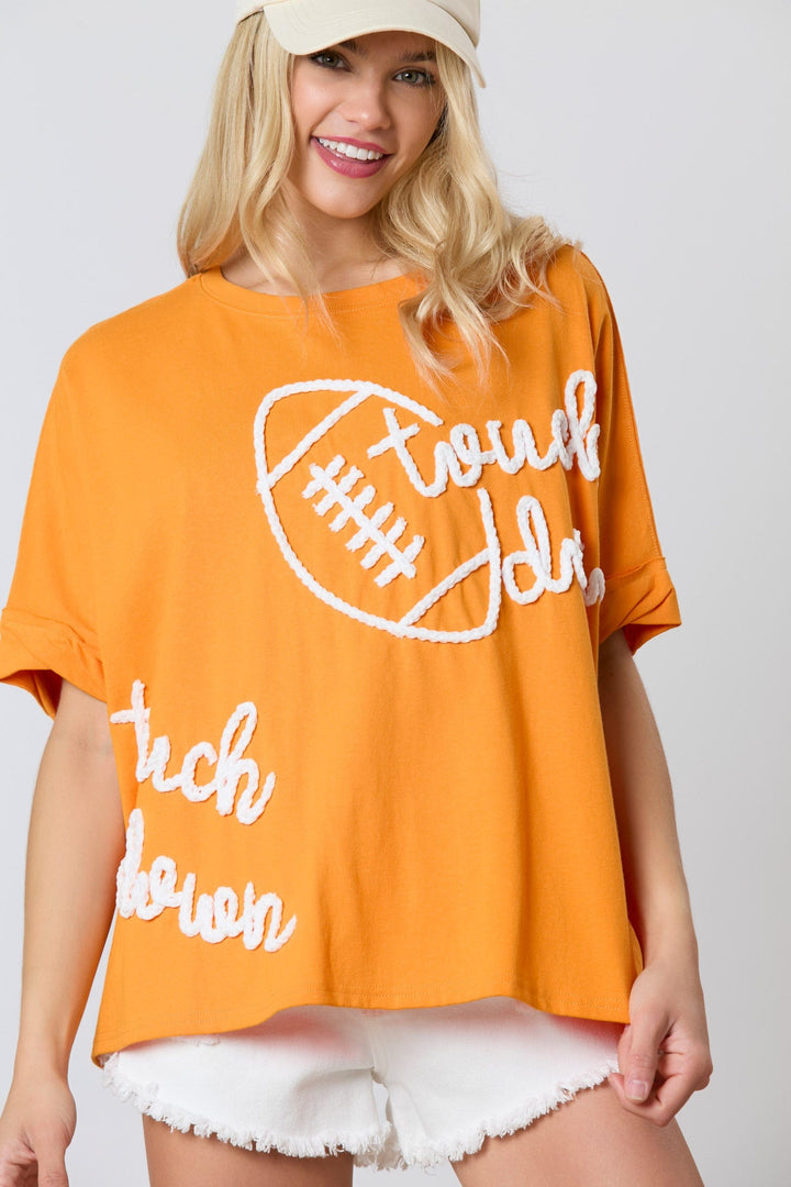 Peach Love Cotton Jersey Touchdown &amp; Football Thread Embroidered Oversized Top