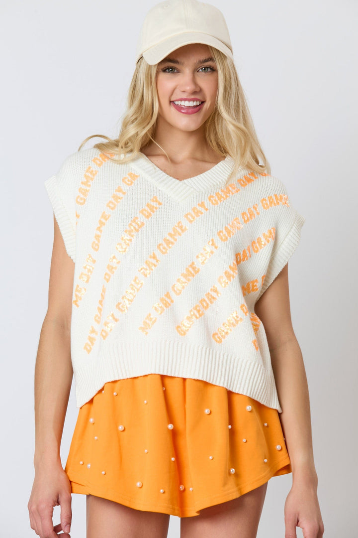 Peach Love "Game Day" Sequin Letter Embroidered V-Neck Sweater Vest