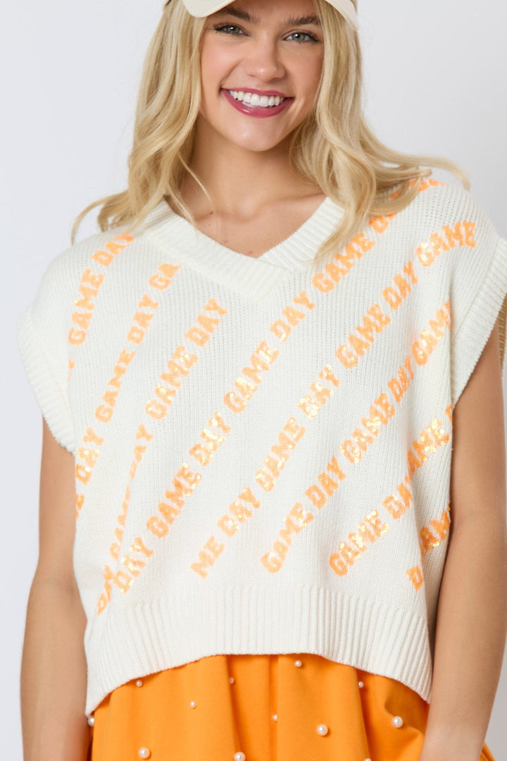 Peach Love "Game Day" Sequin Letter Embroidered V-Neck Sweater Vest