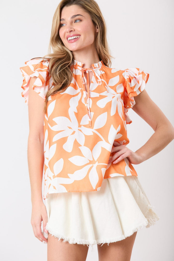 Peach Love Poly Linen Floral Prints Double Ruffle Sleeve Mock-neck Top