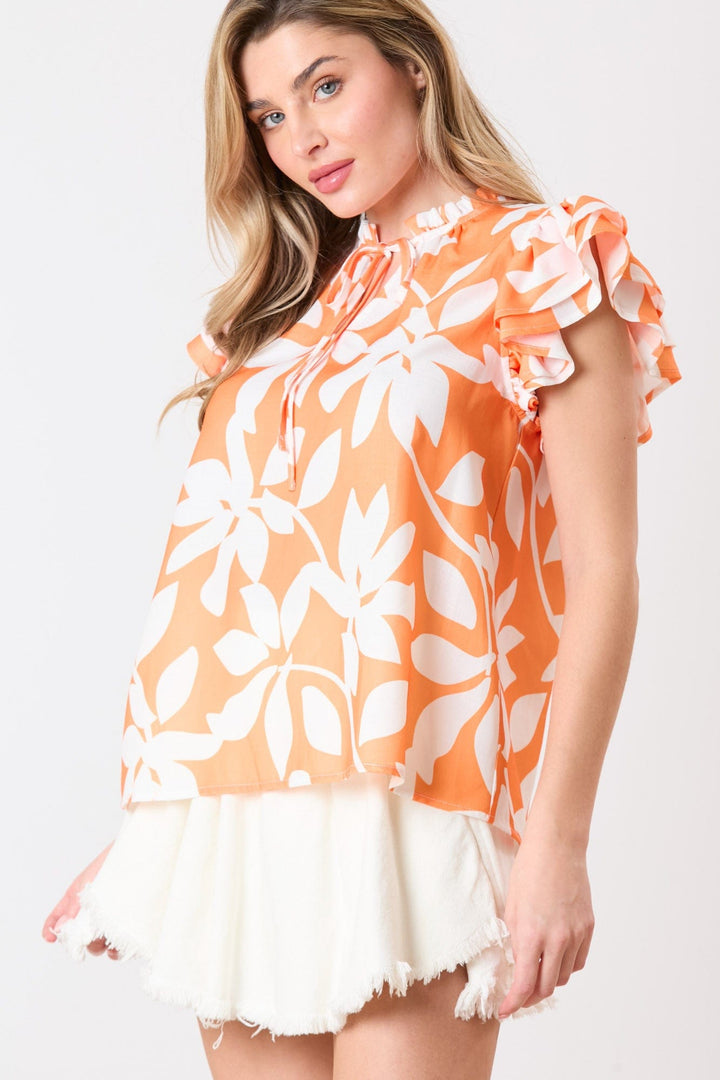 Peach Love Poly Linen Floral Prints Double Ruffle Sleeve Mock-neck Top