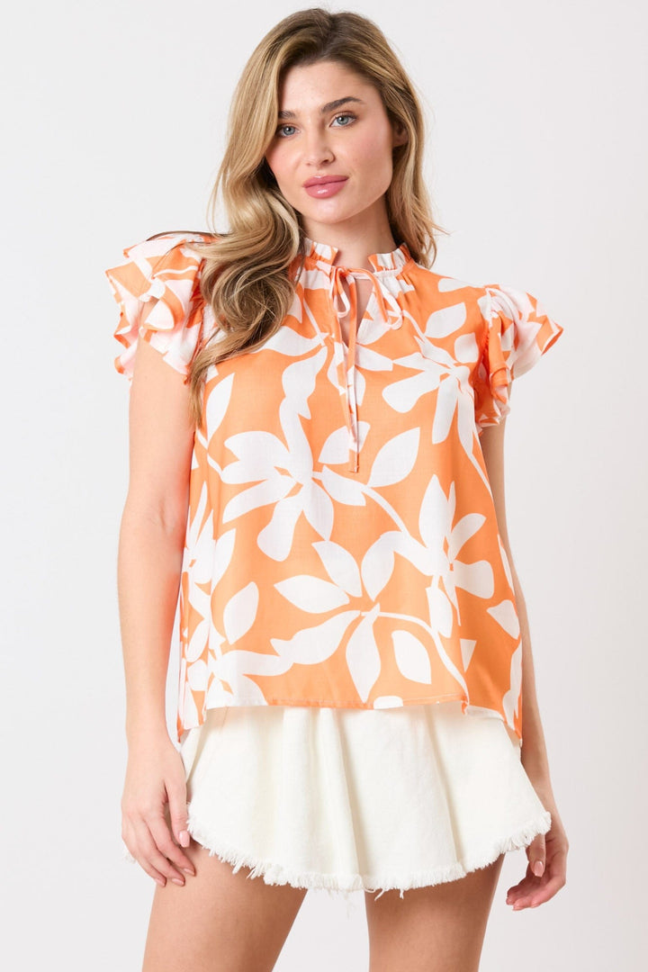 Peach Love Poly Linen Floral Prints Double Ruffle Sleeve Mock-neck Top