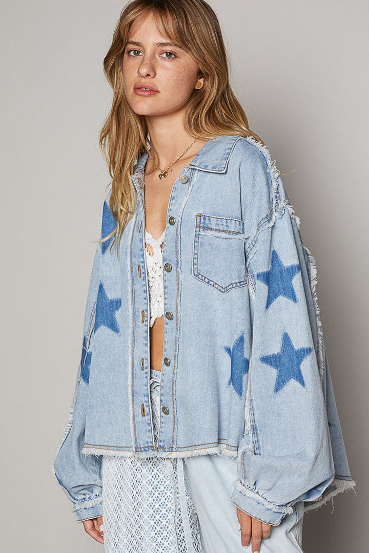 POL Balloon Sleeve Frayed Hem Star Pattern Denim Button Down Shacket