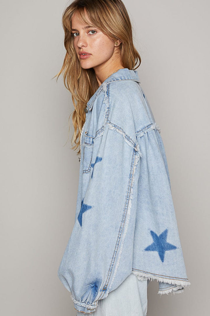 POL Balloon Sleeve Frayed Hem Star Pattern Denim Button Down Shacket