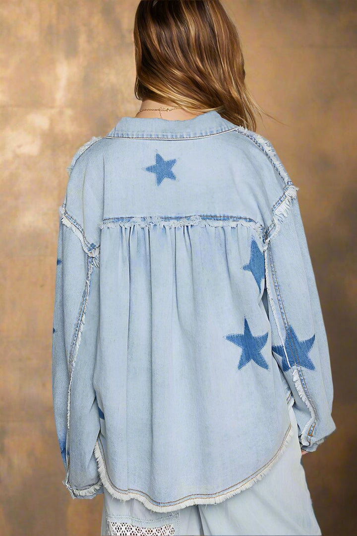 POL Balloon Sleeve Frayed Hem Star Pattern Denim Button Down Shacket