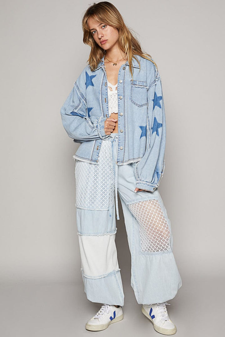 POL Balloon Sleeve Frayed Hem Star Pattern Denim Button Down Shacket