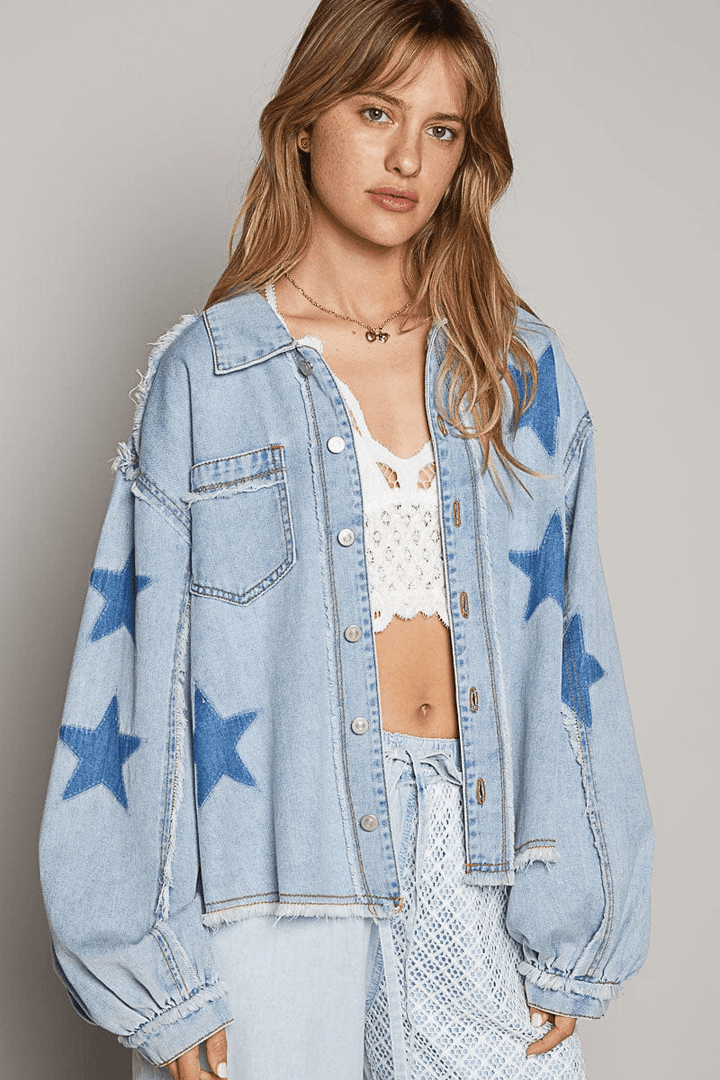 POL Balloon Sleeve Frayed Hem Star Pattern Denim Button Down Shacket