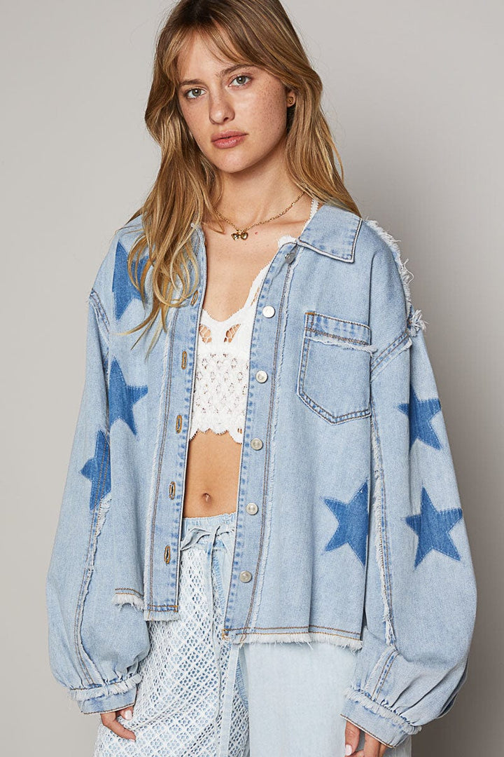 POL Balloon Sleeve Frayed Hem Star Pattern Denim Button Down Shacket