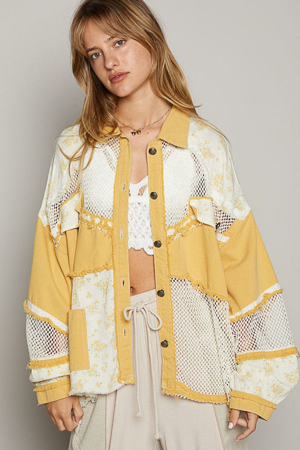 POL Balloon Sleeve Oversized Fit Floral Contrast Fabric Shacket