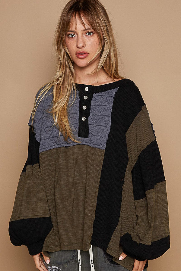 POL Balloon Sleeve Oversized Fit Thermal and Quilting Contrast Fabric Top