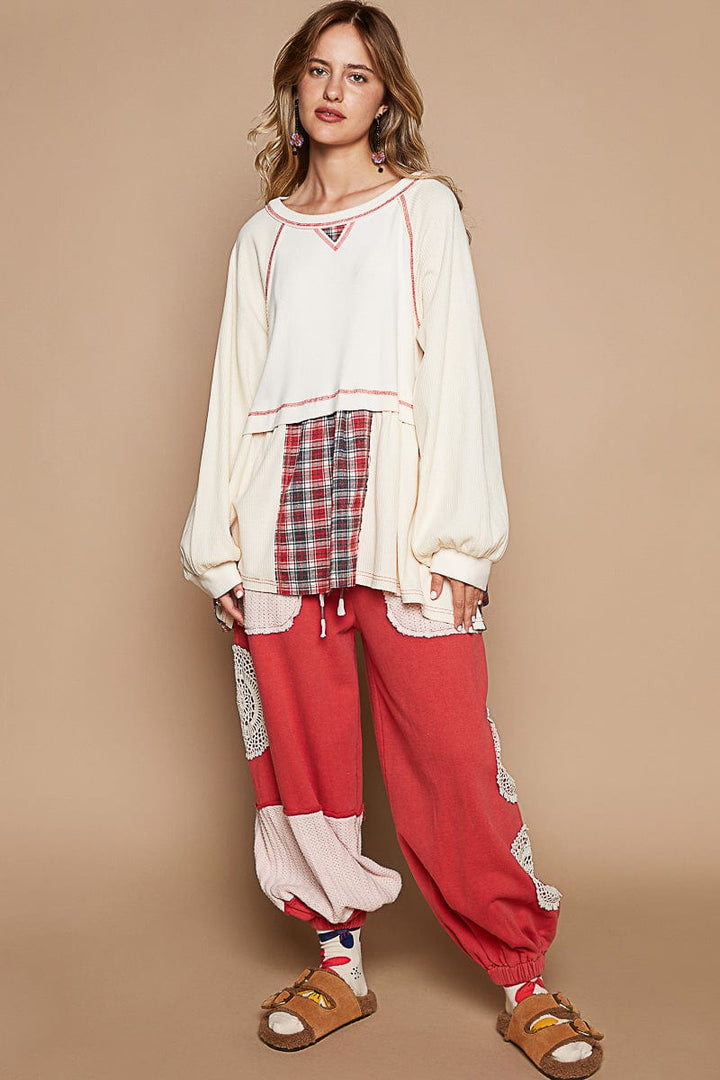 POL Balloon Sleeve Thermal Plaid Mix Overlock Stitch Relaxed Fit Long Sleeve Top