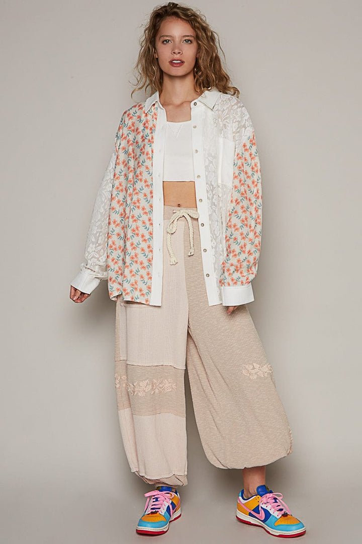 POL Balloon Sleeve Woven and Lace Mix Top with Floral Pattern