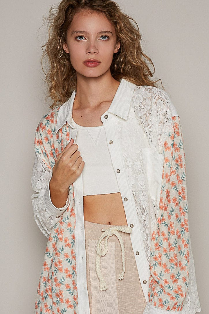 POL Balloon Sleeve Woven and Lace Mix Top with Floral Pattern