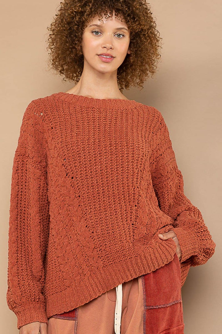 POL Clothing Aran Cable Knit Weaving Chenille Pullover Sweater