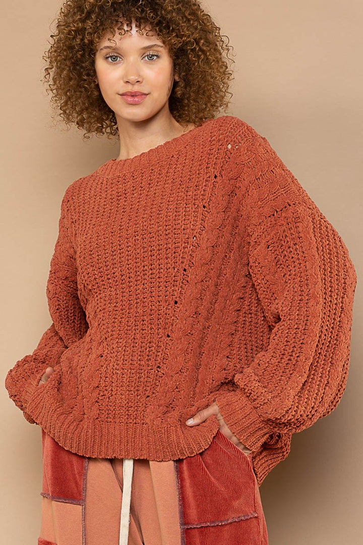 POL Clothing Aran Cable Knit Weaving Chenille Pullover Sweater