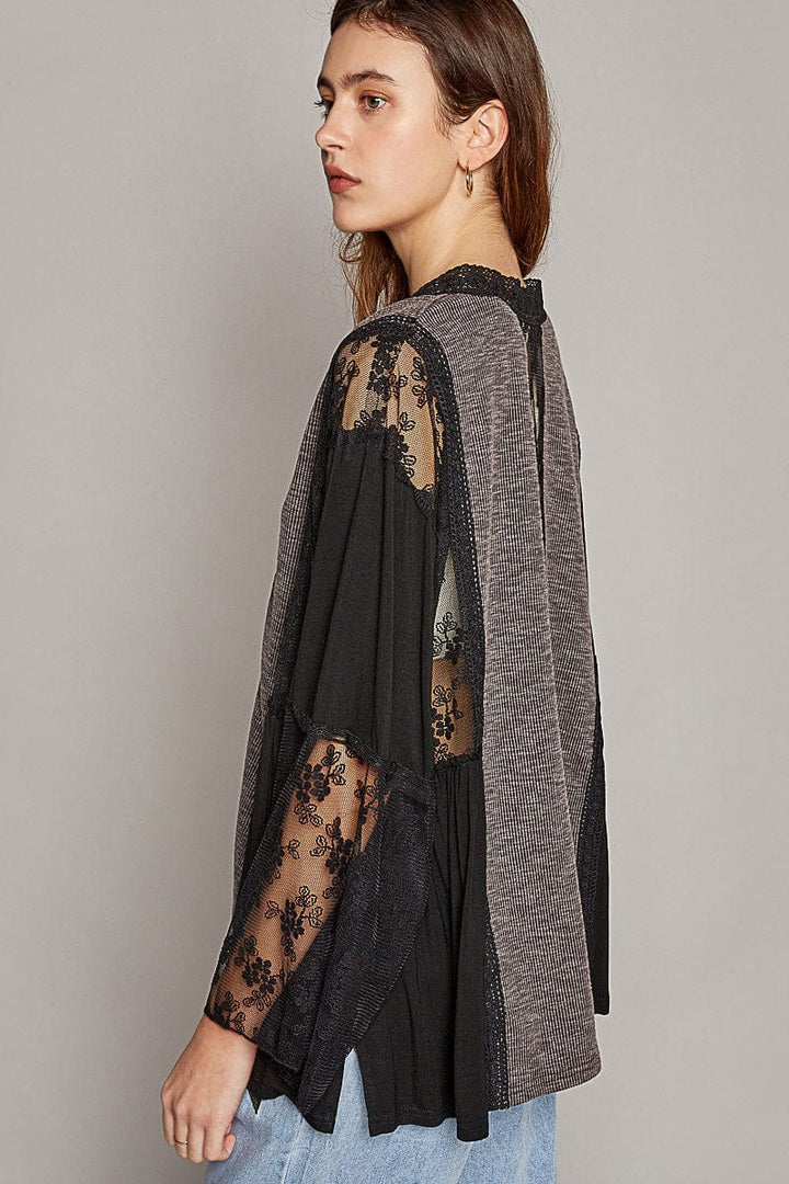 POL Flare Sleeve Ribbed Mixed Lace Open Cardigan