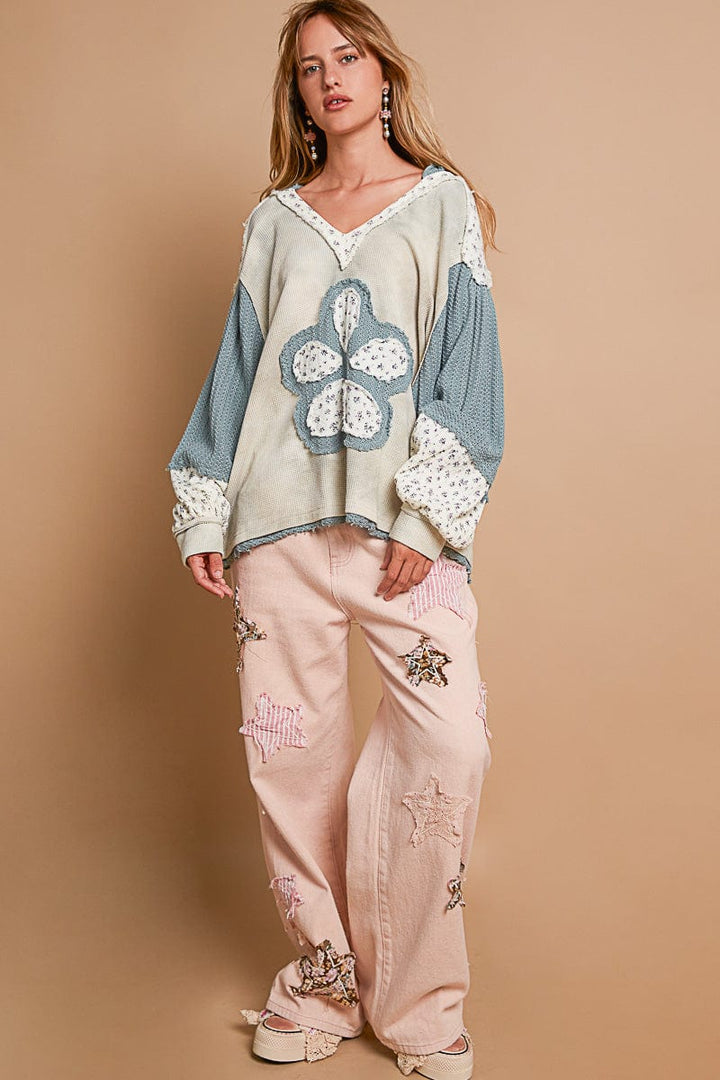 POL Flower Patch Mixed Fabric Contrast Balloon Sleeve V-Neck Hoodie Top