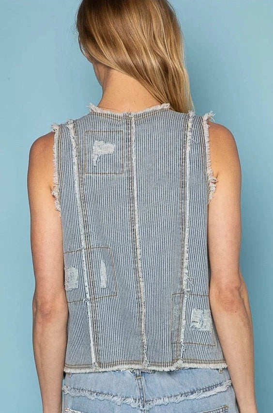 POL Hankerchief Hem Vest with Spaghetti Strap Criss Cross Cinching Detail