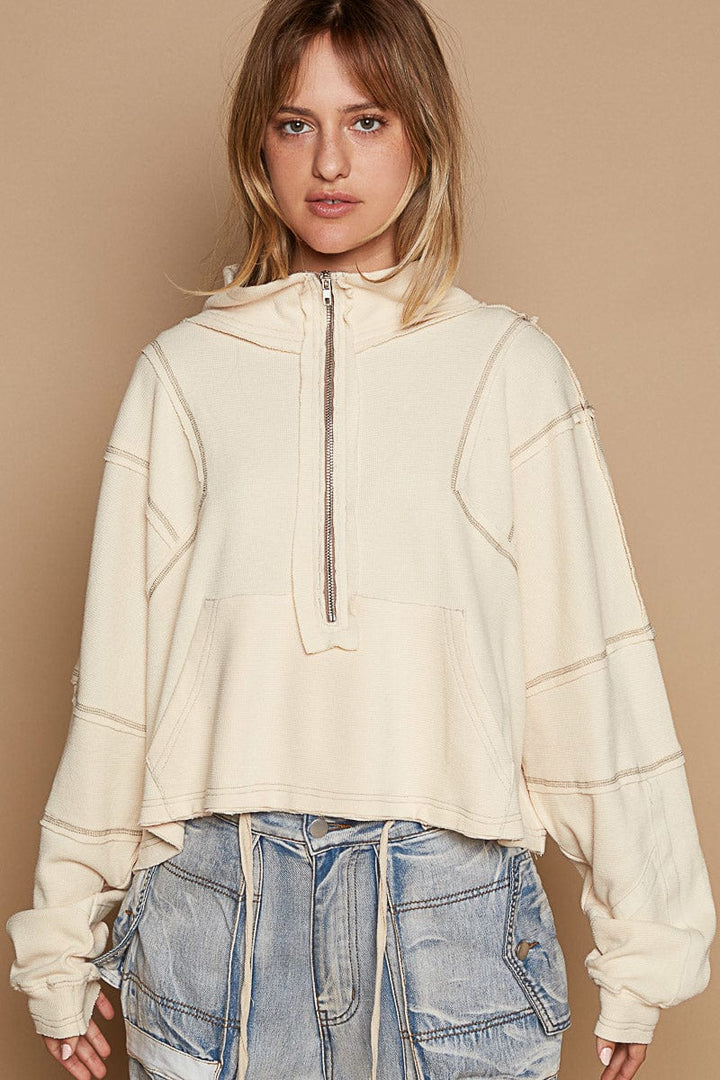 POL High Neck Long Sleeve Cropped Zip-Up Thermal Top